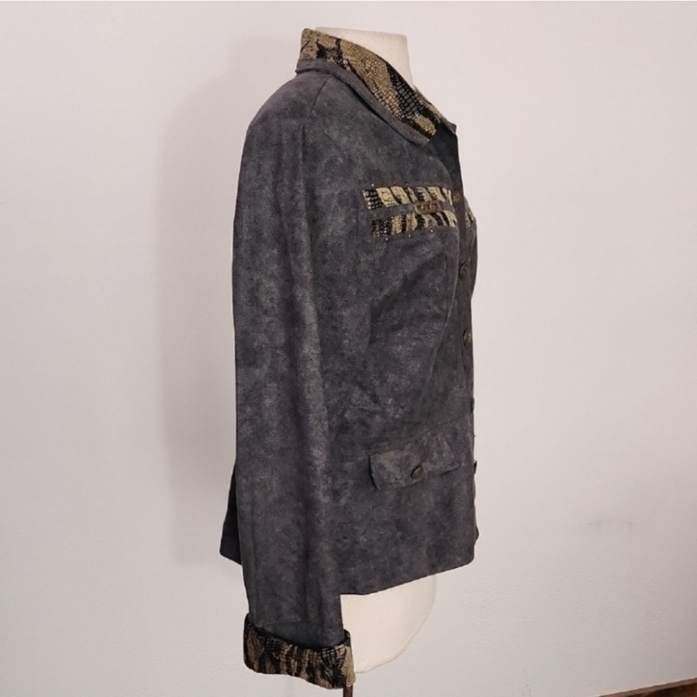 Nancy Bolen Jacket Faux Suede with Animal Print Accents Green Plus Size 14 - Picture 4 of 15